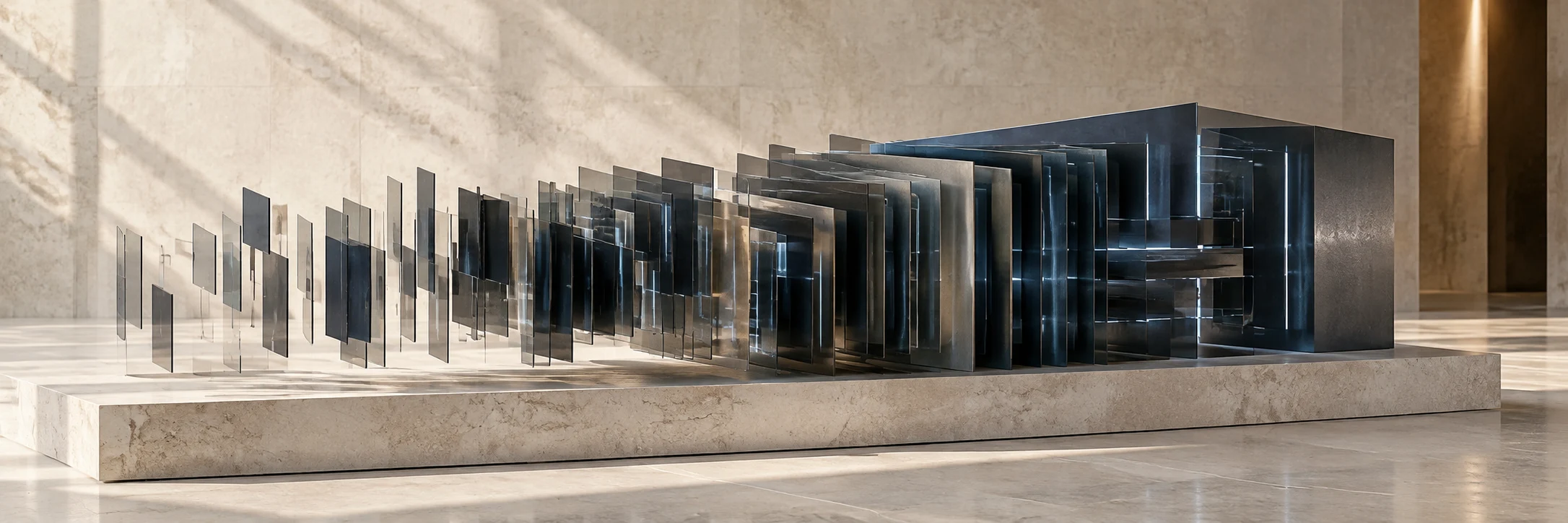 Sculptural layers of glass resolving into a structured intelligence archive