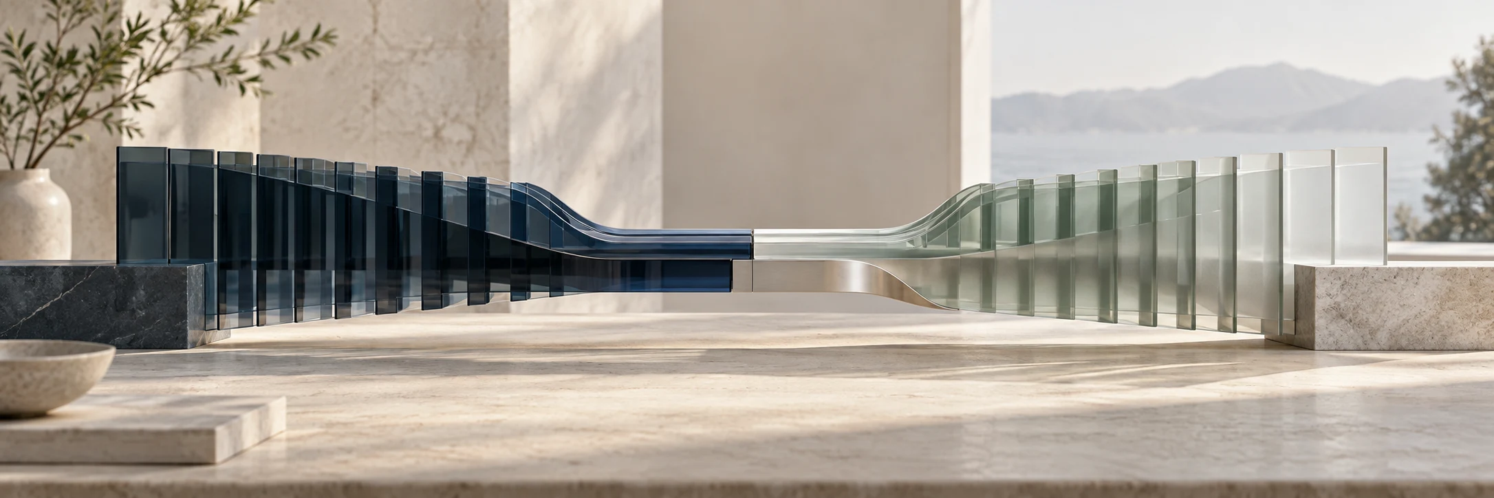 Complementary glass and metal structures joining into one shared system