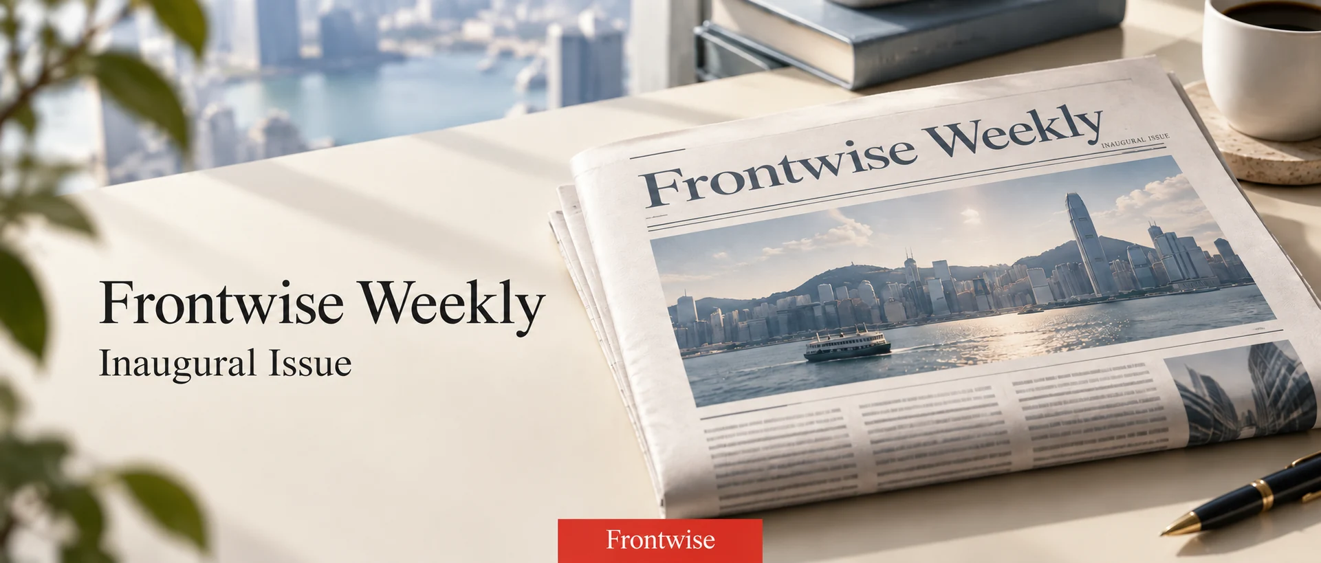 Frontwise Weekly inaugural issue, shown as a printed newsletter on a desk.