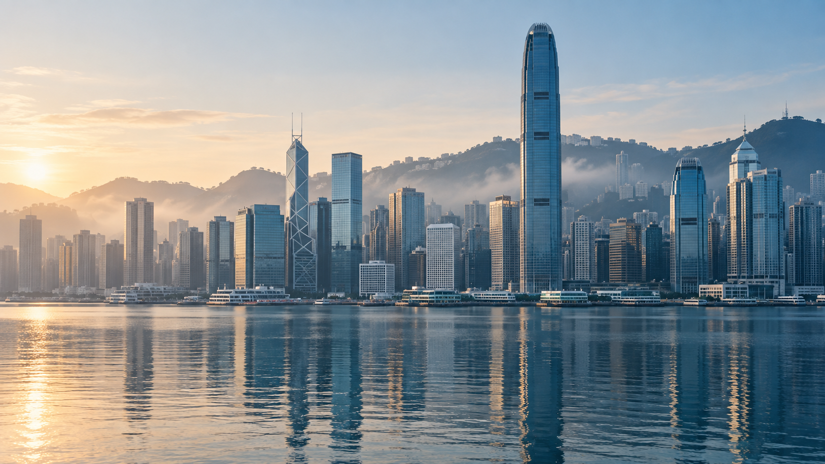 晨光下的香港金融區，AI 生成示意圖