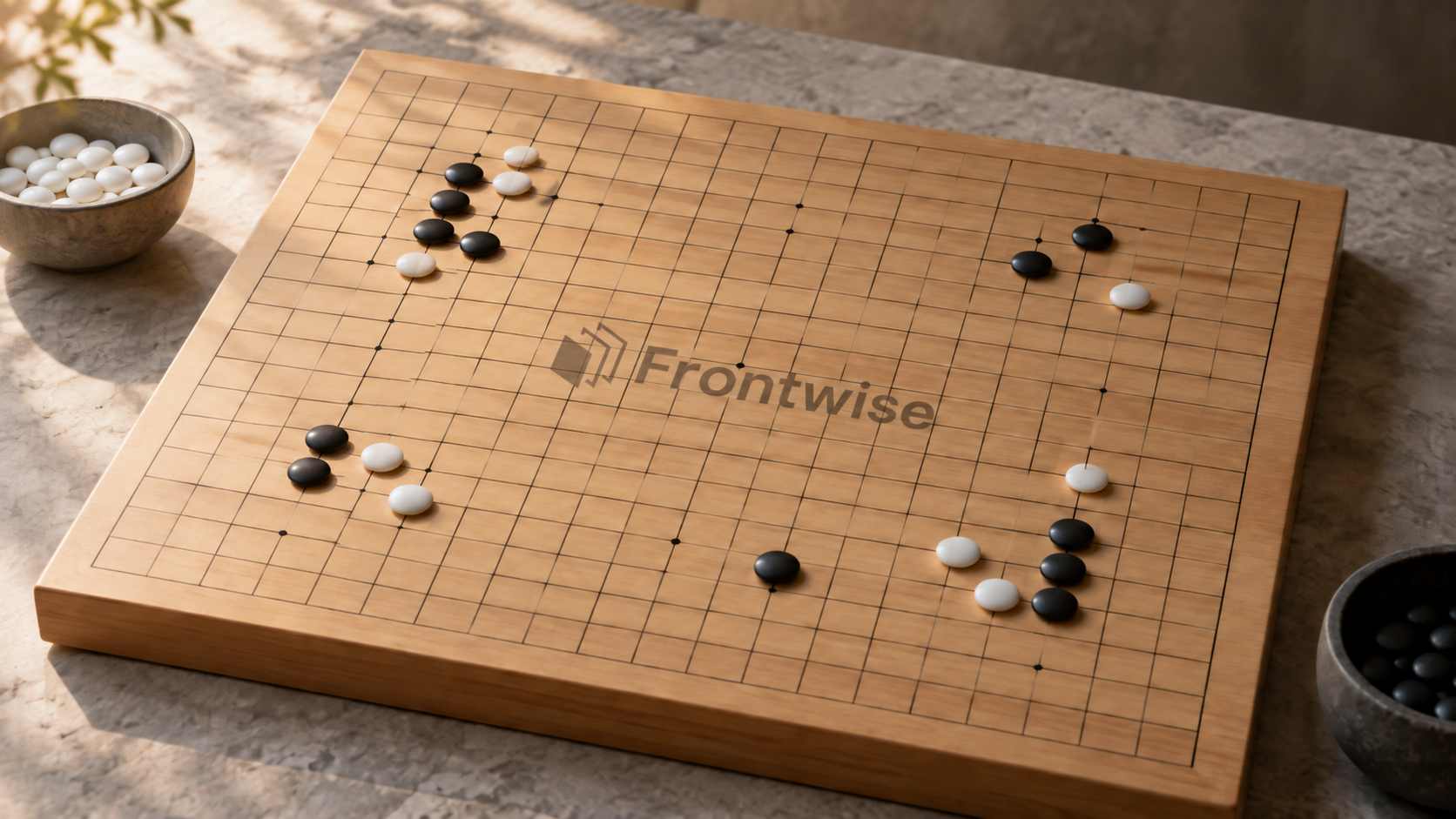 圍棋棋盤與黑白棋子，AI 生成示意圖