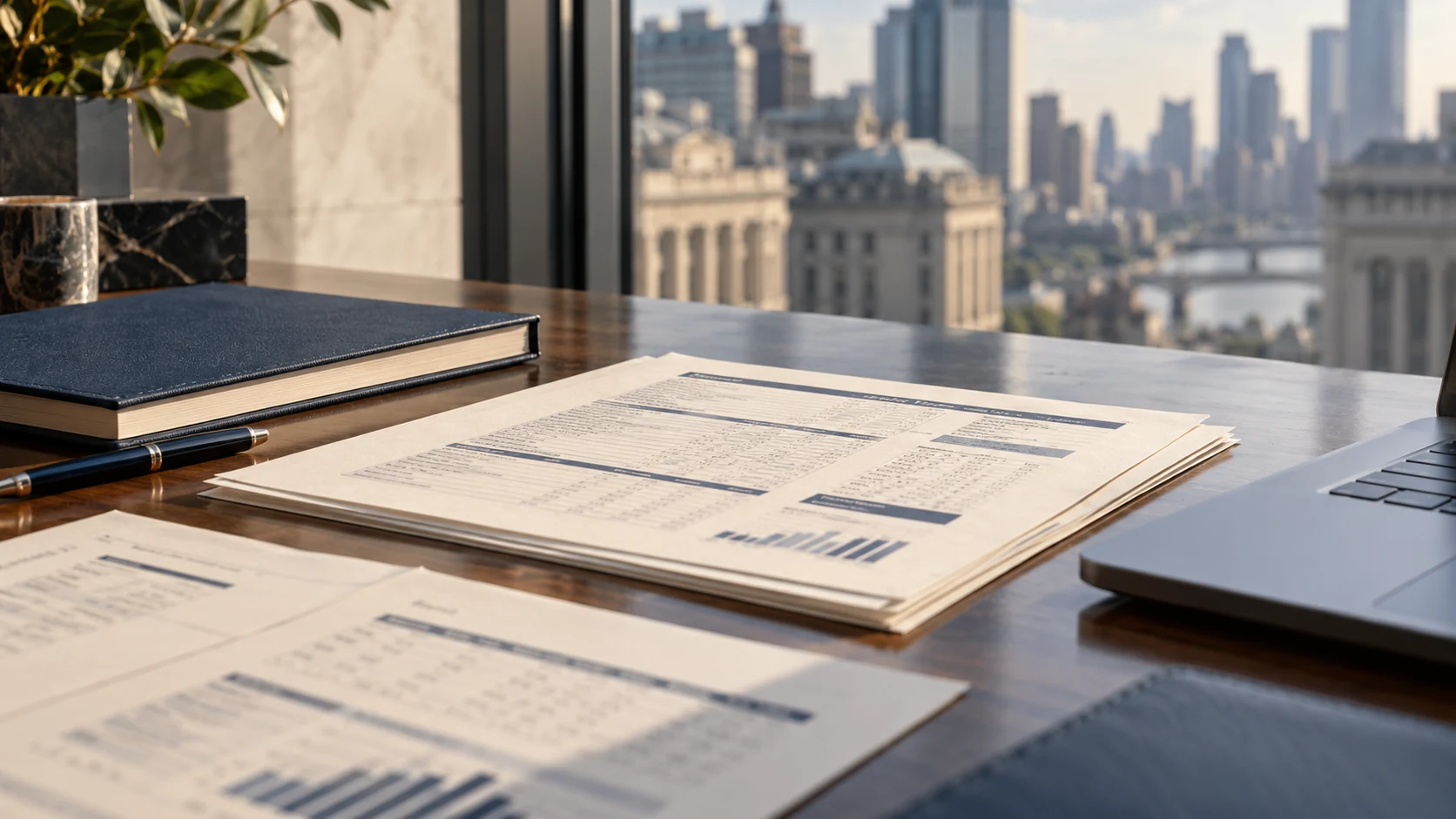 An analyst’s desk with research papers and a notebook, an AI-generated illustration